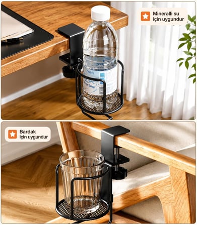 Masa Kenarı Bardak Tutucu ve Kulaklık Askısı, Kelepçeli Metal Masa İçecek Tutucu, Ayarlanabilir Masa Bardaklığı, Kahve Kupası, Termos ve Su Şişesi İçin Ofis Oyuncu Masası Organizer Siyah