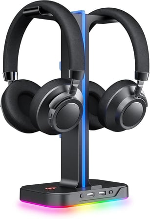 çift kulaklık askısı, 2 USB bağlantı noktası, RGB kulaklık tutucu, oyuncular için, PC için, siyah (TH650)