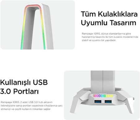 RM-H27 IGRIS Type-C RGB Beyaz Kulaklık Standı, 3 USB 2.0 Portlu, 3.5 mm Ses Girişli Oyuncu Kulaklık Askısı