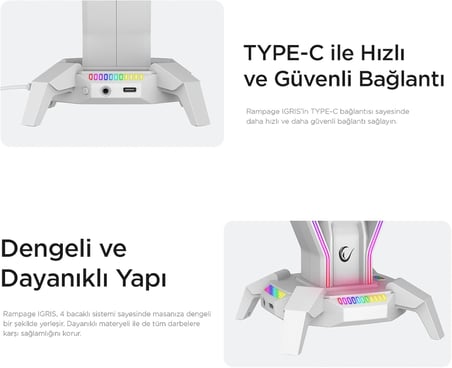 RM-H27 IGRIS Type-C RGB Beyaz Kulaklık Standı, 3 USB 2.0 Portlu, 3.5 mm Ses Girişli Oyuncu Kulaklık Askısı