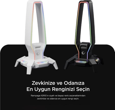 RM-H27 IGRIS Type-C RGB Beyaz Kulaklık Standı, 3 USB 2.0 Portlu, 3.5 mm Ses Girişli Oyuncu Kulaklık Askısı