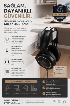 Masa Kenarı Kulaklık Standı, Gri Kulaklık Standı, 0-5 cm Masa Kalınlığına Uyumlu, Dayanıklı Gaming Kulaklık Askısı, Kulaklık Tutucu
