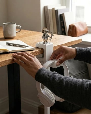 AtalarStudio Kulaklık Standı Masa Kenarı Kıskaç Tutucu, Mini Figür Sergi Yüzeyli, 18-33mm Masa Uyumlu, Vidalı Sıkıştırma Sistemi, Oyun ve Ofis Masası Aksesuarı, 3D Baskı, Beyaz