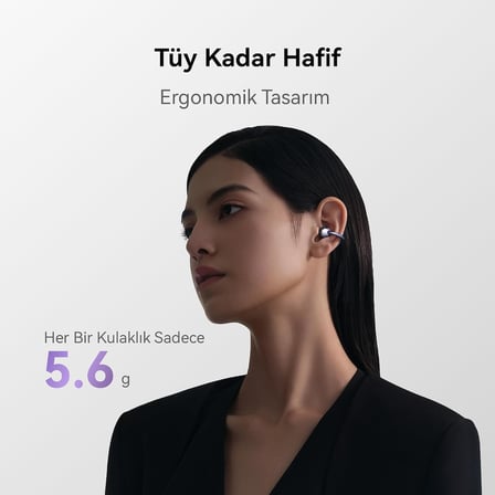 FreeClip, Estetik Tasarım, Tüy Kadar Hafif, Açık Kulak Tasarımı, Yapay Zeka Destekli Kristal Netliğinde Arama, Uzun Pil Ömrü, Çift Cihaz Bağlantısı,Siyah