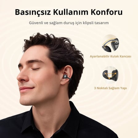 Clip Open Ear Adaptif Konforlu Kulaklık - Bluetooth 6.0-40 Saat Oynatma Süresi - IP55 - Gümüş Gri ( Türkiye Garantili)
