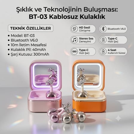Taşlı Işıklı Aynalı Küpe Tasarımlı Bluetooth Kulaklık V6.0 Stereo HD (pembe rose)
