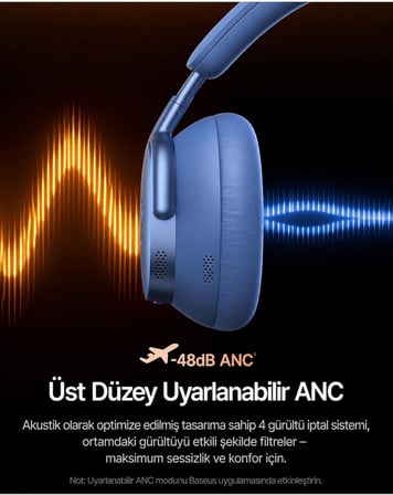 Inspire Sound by Bose XH1 ANC 100 saat çalma süresi 4 mikrofon BT6.0 Kablosuz Kulak Üstü Kulaklık, Mavi