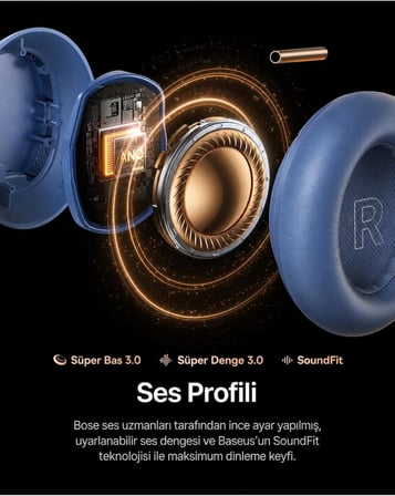 Inspire Sound by Bose XH1 ANC 100 saat çalma süresi 4 mikrofon BT6.0 Kablosuz Kulak Üstü Kulaklık, Mavi