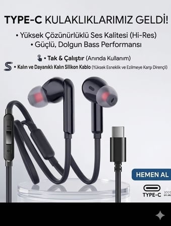 SİYAH SİLİKON KABLOLU TYPE C KULAKLIK TÜM TYPEC ÇIKIŞLI CİHAZLARA UYUMLU TAK ÇALIŞTIR tüm cihazlara uygun, BLUETOOTH GEREKMEZ MÜKEMEL SES BASS TİZ MİKROFON AAA KALİTE !!!!!!