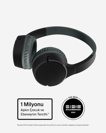 SoundForm Mini Çocuk Kablosuz Kulaklık (Siyah) – Dahili Mikrofon, 30 Saat Çalma, Eğlenceli Çıkartmalar, iPhone, iPad ve Galaxy Uyumlu