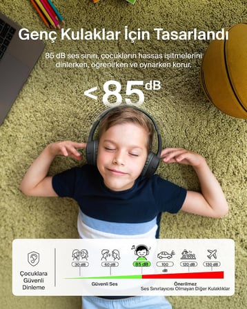 SoundForm Mini Çocuk Kablosuz Kulaklık (Siyah) – Dahili Mikrofon, 30 Saat Çalma, Eğlenceli Çıkartmalar, iPhone, iPad ve Galaxy Uyumlu