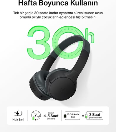 SoundForm Mini Çocuk Kablosuz Kulaklık (Siyah) – Dahili Mikrofon, 30 Saat Çalma, Eğlenceli Çıkartmalar, iPhone, iPad ve Galaxy Uyumlu