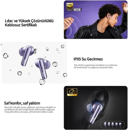 MeloBuds N70 Bluetooth Kulaklık, Hi-Res Audio, LDAC, 50dB Hibrit ANC, Kablosuz Şarj, 50 Saat Pil Ömrü, 6 Mikrofon, Kulakiçi, Mor
