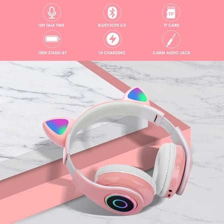 Çocuk Kulaklık, Kız Çocukları Bluetooth Kulak Üstü Sevimli Kedi Kulaklı Çocuk Kulaklığı LED Işıklı, Katlanabilir Kablosuz Çocuk Kulaklık Erkek Yetişkinler İçin Okul/Tablet/PC/Telefon