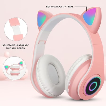 Çocuk Kulaklık, Kız Çocukları Bluetooth Kulak Üstü Sevimli Kedi Kulaklı Çocuk Kulaklığı LED Işıklı, Katlanabilir Kablosuz Çocuk Kulaklık Erkek Yetişkinler İçin Okul/Tablet/PC/Telefon