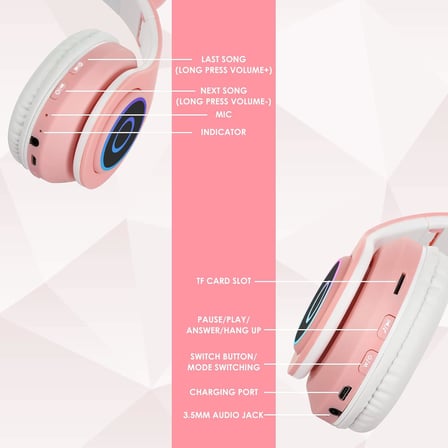 Çocuk Kulaklık, Kız Çocukları Bluetooth Kulak Üstü Sevimli Kedi Kulaklı Çocuk Kulaklığı LED Işıklı, Katlanabilir Kablosuz Çocuk Kulaklık Erkek Yetişkinler İçin Okul/Tablet/PC/Telefon