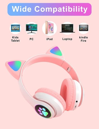 LED Işıklı Kedi Kulaklı Kablosuz Bluetooth Kulaklık – Çocuklar İçin Katlanabilir, Derin Baslı HiFi Stereo, TF Kart ve AUX Girişli, Kız/Erkek Uyumlu
