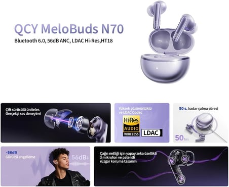 MeloBuds N70 Bluetooth Kulaklık, Hi-Res Audio, LDAC, 50dB Hibrit ANC Gürültü Engelleme, 50 Saat Pil Ömrü, Dual acoustic Drivers Hİ-Fİ Sound, Wreless Charging Support