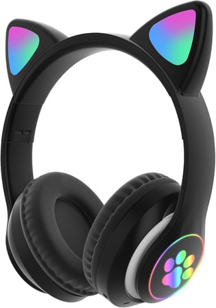 Kedili Kablosuz Bluetooth Kulaklık Led Işıklı Mikrofonlu Raydolu Fm Çocuk Kulaklığı, Kulak Üstü Sevimli Kedi Kulaklık LED Işıklı Katlanabilir Kablosuz Kulaklık Okul/Tablet/PC/Telefon (Siyah)
