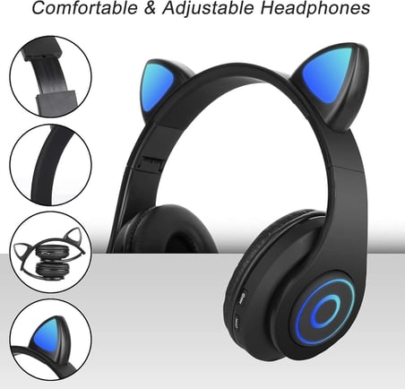 Kedili Kablosuz Bluetooth Kulaklık Led Işıklı Mikrofonlu Raydolu Fm Çocuk Kulaklığı, Kulak Üstü Sevimli Kedi Kulaklık LED Işıklı Katlanabilir Kablosuz Kulaklık Okul/Tablet/PC/Telefon (Siyah)