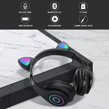 Kedili Kablosuz Bluetooth Kulaklık Led Işıklı Mikrofonlu Raydolu Fm Çocuk Kulaklığı, Kulak Üstü Sevimli Kedi Kulaklık LED Işıklı Katlanabilir Kablosuz Kulaklık Okul/Tablet/PC/Telefon (Siyah)