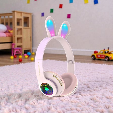 Tavşan Kulaklı Bluetooth Kulaklık, Renkli LED Işıklı, 5.0 Versiyon, Ayarlanabilir Büyüklük, Hafıza Kart Girişli, 40mm Kulaklık, 6 Saat Kullanım Süresi, BASS TİZ MÜTHİŞ SES (TOZ PEMBE)