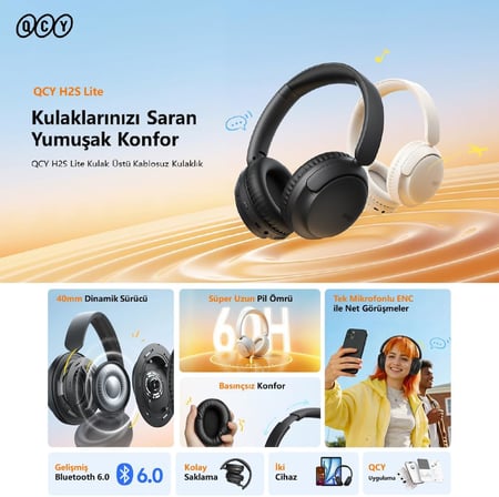 H2s Lite 6.0 Bluetooth Kulaklık ENC Net Çağrı - Çift Cihaz 40 mm Dinamik Sürücü - 60 Saat Dinle (Beyaz)