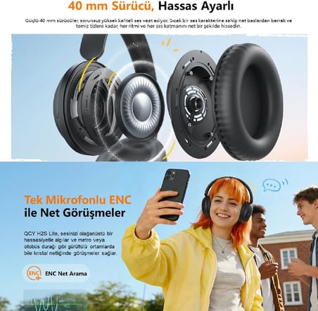 H2s Lite 6.0 Bluetooth Kulaklık ENC Net Çağrı - Çift Cihaz 40 mm Dinamik Sürücü - 60 Saat Dinle (Beyaz)