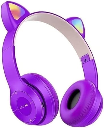 p47m Kedili Katlanabilir Kulak Üstü Kablosuz Bluetooth 5.0 Kulaklık Ledli Çocuk Kulaklık Mor