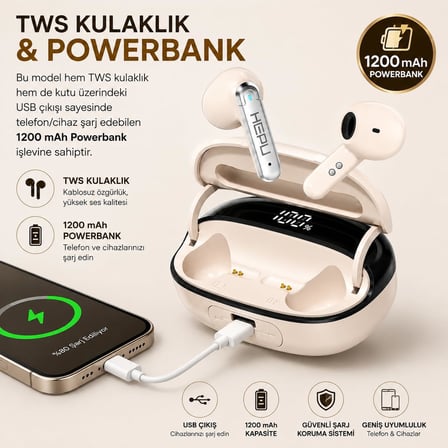 HP-675 Bluetooth Kablosuz Kulaklık ve 1200 mAh Powerbank – Dijital LED Ekranlı V5.2 HD Ses Dokunmatik Kontrol Bej
