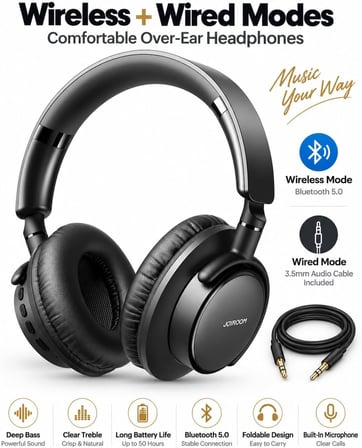 Telli Kablosuz Kulaklık, Derin Baslı Rahat Kulak Üstü Kulaklıklar, Şeffaf Tiz, Uzun Pil Ömrü, Bluetooth 5.0, Katlanabilir Tasarım, Dahili Mikrofon