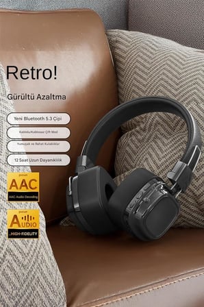 Retro Kablosuz Stereo Suni Deri Kafa Bluetooth Kulaklık RGB Işık Extra Rahat Gürültü Azaltma MT965 Siyah ile uyumlu