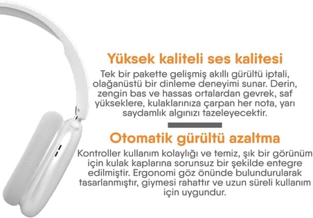Extra Bass Pod Max Kulak Üstü Bluetooth Kulaklık - 300 Saat Pil Ömrü (Beyaz)