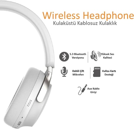 Orca Kulak Üstü Bluetooth Kulaklık – Güçlü Ses Performansı (Beyaz)