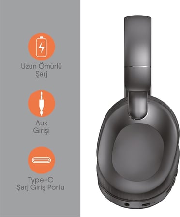 Kulak Üstü Bluetooth Kulaklık – Net ve Dengeli Ses - Uzun Pil Ömrü (Siyah)