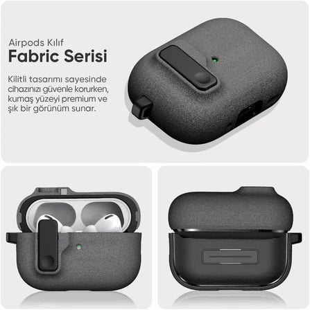 Airpods Pro 3 ile Uyumlu Fabric Serisi Özel Kilitli Tasarım ve Kumaş Yüzeyli Kılıf Darbelere Karşı Koruyucu Kapak (Gri, Airpods Pro 3 (2025))