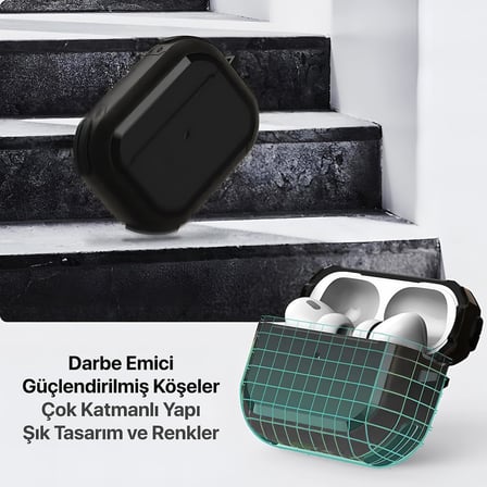 Airpods PRO 3 ile Uyumlu Armor Serisi Darbelere Karşı Ultra Güçlü Koruma Fiber Karbon Arka Tasarım Kılıf (Siyah, Airpods Pro 3 2025)