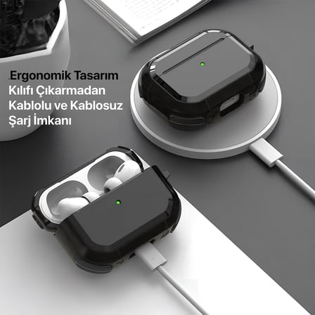 Airpods PRO 3 ile Uyumlu Armor Serisi Darbelere Karşı Ultra Güçlü Koruma Fiber Karbon Arka Tasarım Kılıf (Siyah, Airpods Pro 3 2025)