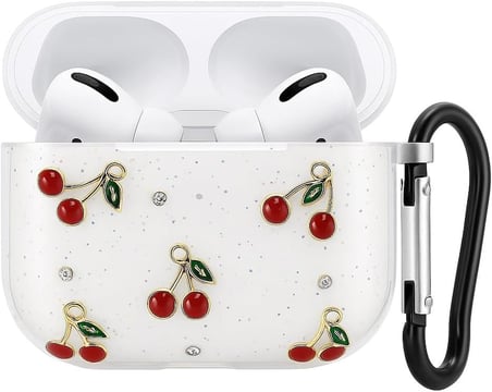 AirPods 3. Nesil ile Uyumlu Glitter Silikon Kılıf Şeffaf Simli Koruyucu Kiraz Deseniyle Askı Aparatı Dahil Çanta Kolu ve Kemer Tokasına Takılabilir AirPods 3 için Kulaklık Kılıfı