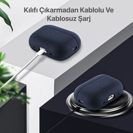 AirPods 4. ve 5. Nesil ile Uyumlu Leather Skin Serisi Parmak İzi Tutmayan Dış Yüzeye Sahip ve Mükemmel Koruma Sağlayan Orta Sertlikte Silikon Kılıf (Lacivert, Airpods 4/5)
