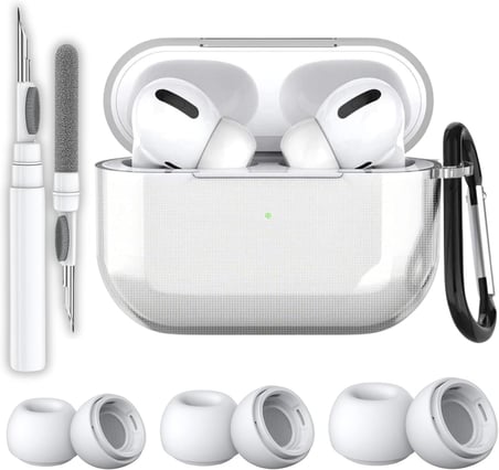 AirPods Pro 2.Nesil Uyumlu Şeffaf Premium Kulaklık Kılıfı, Anc Delikli Yedek Silikon Uçları (S,M,L) ve 3'ü 1 Arada Bluetooth Kulaklık Temizleme Kalemi Seti (Şeffaf)