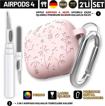 Airpods 4 Nesil Ve Airpods 5 Nesil Uyumlu Cicek İ̇Slemeli Premium Silikon Kulaklik Kilifi Ve 3'U 1 Arada Bluetooth Kulaklik Temizleme Kalemi Seti (Pembe)