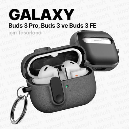 Samsung Galaxy Buds 3 Pro, Buds 3 ve Buds 3 FE ile Uyumlu Mandallı Kapak Kilit Sistemli Kumlanmış Mat Dokulu Darbelere Dayanıklı Hibrit Kılıf (Gri, Galaxy Buds 3 Pro/3/3 FE)