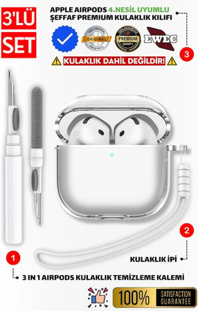AirPods 4. Nesil ve 5. Nesil Uyumlu Şeffaf Premium Kulaklık Kılıfı, Kulaklık İpi Ve 3'ü 1 Arada Temizleme Kalemi Seti (Şeffaf)