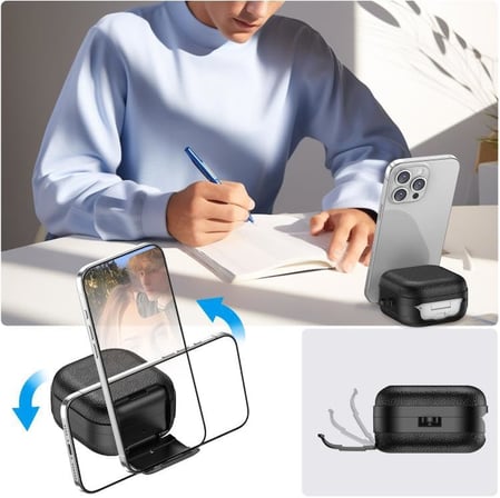 [Leather-Texture] Samsung Galaxy Buds4 Pro/Buds 4 için Kılıf [Fonksiyonel Stant/Güvenlik Kilidi Tasarımlı] Galaxy Buds4 Kulaklık Kılıfı Deri Görünümlü Samsung Buds 4 Pro Kılıf (Siyah)