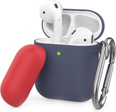 AirPods 1–2 Nesil Uyumlu Silikon Kılıf – İnce Darbe Emici Yapı, Karabinalı Metal Klips, Kablosuz Şarj ve LED Gösterge Uyumlu, Yedek Üst Kapak Hediyeli Lacivert Mavi