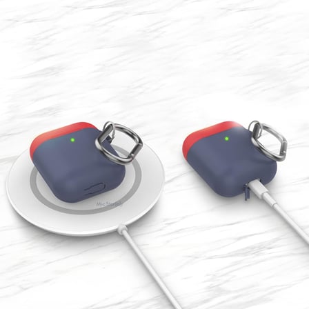AirPods 1–2 Nesil Uyumlu Silikon Kılıf – İnce Darbe Emici Yapı, Karabinalı Metal Klips, Kablosuz Şarj ve LED Gösterge Uyumlu, Yedek Üst Kapak Hediyeli Lacivert Mavi