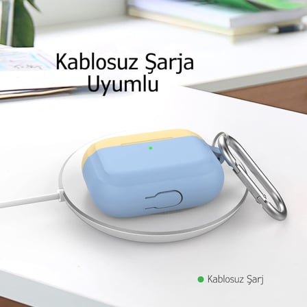 AirPods Pro 1. ve 2. Nesil Uyumlu Silikon Kılıf | Kablosuz Şarj Destekli, Karabinalı İnce Koruyucu Case Açık Mavi