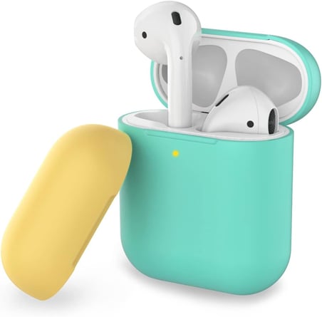 AirPods 1–2 Nesil Uyumlu Silikon Kılıf – Mat Yumuşak Doku, Darbe Emici, Kaymaz Yüzey, Kablosuz Şarj Destekli, Yedek Üst Kapak Hediyeli Koruyucu Kılıf Yeşil Sarı
