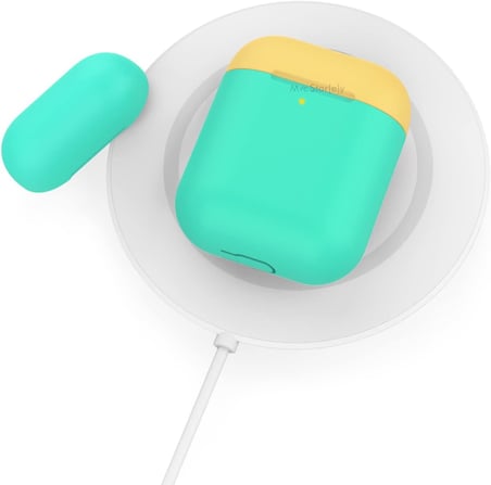 AirPods 1–2 Nesil Uyumlu Silikon Kılıf – Mat Yumuşak Doku, Darbe Emici, Kaymaz Yüzey, Kablosuz Şarj Destekli, Yedek Üst Kapak Hediyeli Koruyucu Kılıf Yeşil Sarı
